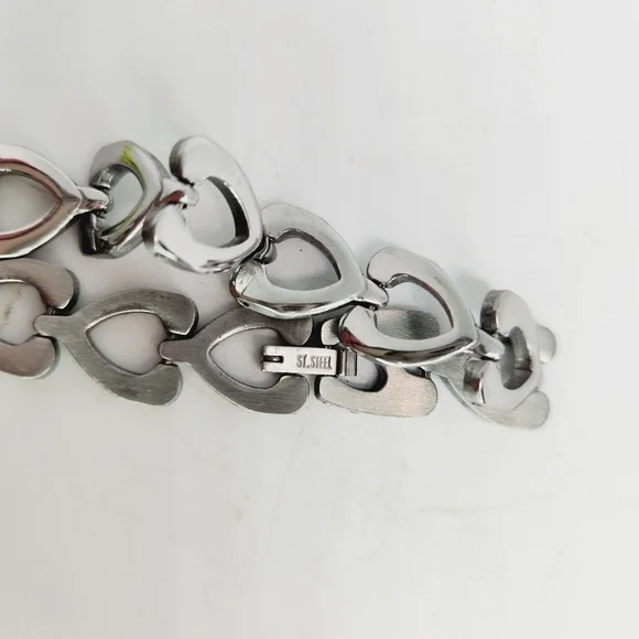 Stainless Steel Wishbone Heart Tennis Link Bracelet 8 Inch Silver Tone Unisex - Picture 2 of 4